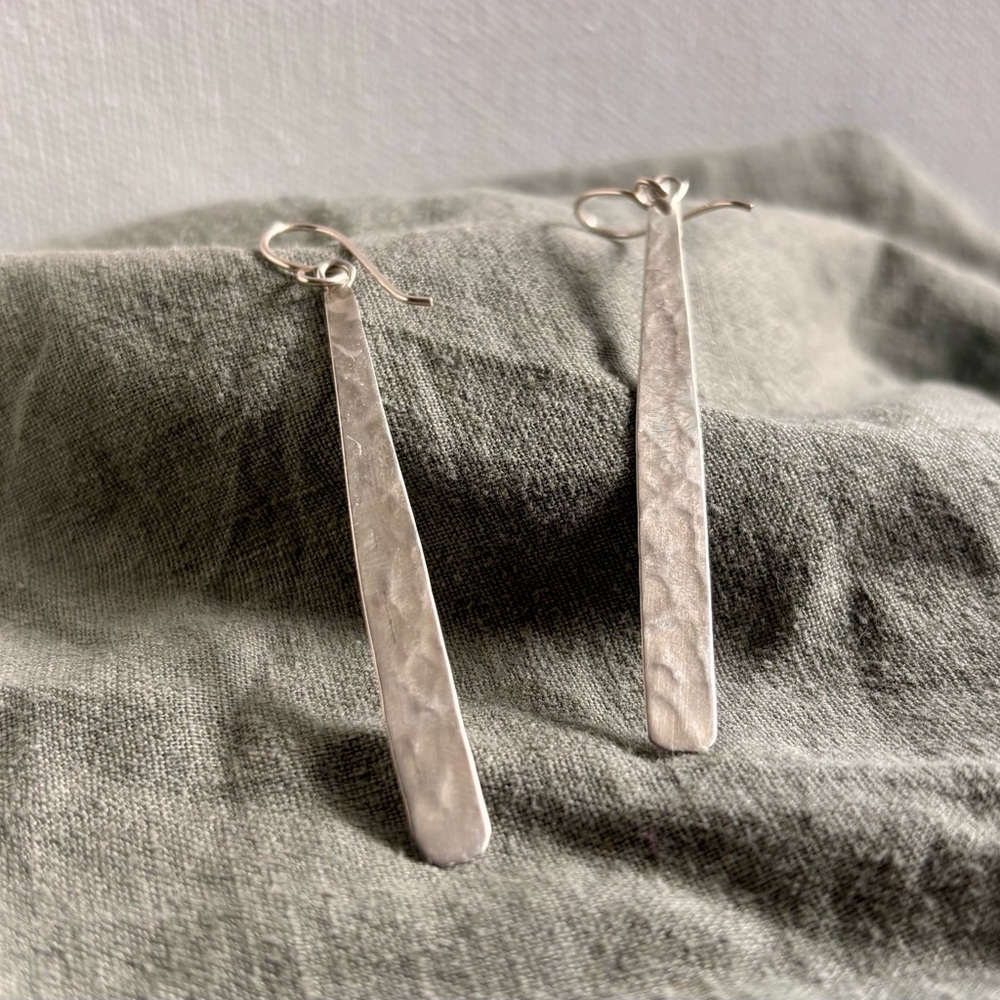 Hammered Silver Long Bar Drop Earrings - Women Jewelry